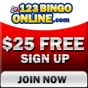 123 Bingo - $25 free, no deposit